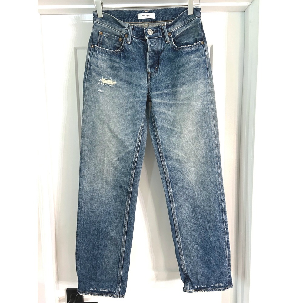 Moussy Vintage Blue Distressed Straight Leg Jeans 24 540HAC11-8070 Made in Japan